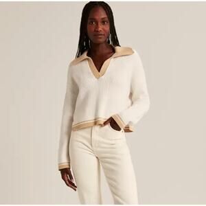 ABERCROMBIE & FITCH Cotton Cropped Polo Sweater White Tan Sz M $90 {A9}